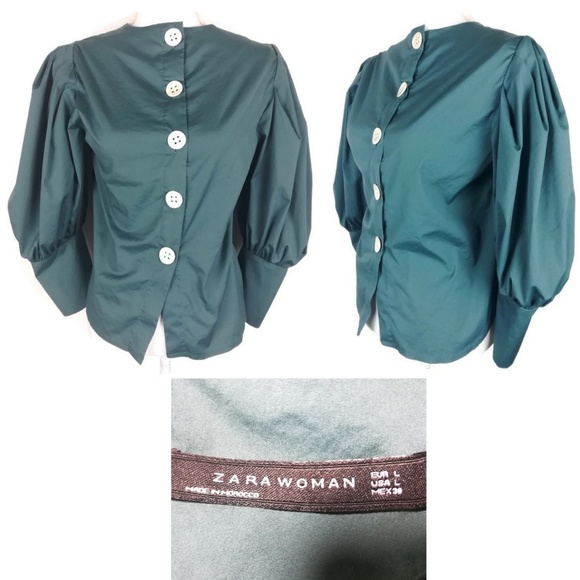 Zara Tops - Zara button down long puff sleeve green top